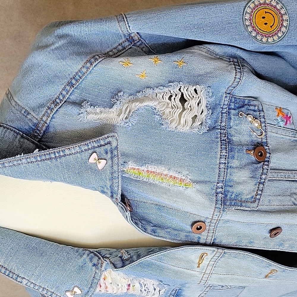 Upcycled art!!!  Hand embroidered distressed denim jacket XXL with patches